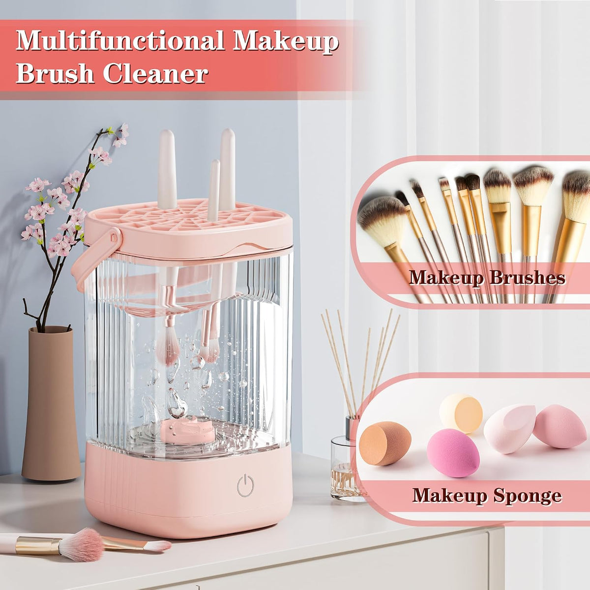 Electric Makeup Brush Cleaner - Portable Makeup Brushes Cleaning Machine, Automatic Spinning Cosmetic Brushes Washer, Make up Brush Cleaner Tools for Most Sizes Brushes and Sponges (Pink)
