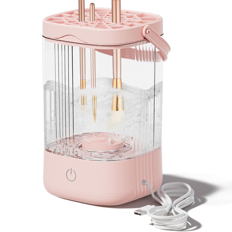Electric Makeup Brush Cleaner - Portable Makeup Brushes Cleaning Machine, Automatic Spinning Cosmetic Brushes Washer, Make up Brush Cleaner Tools for Most Sizes Brushes and Sponges (Pink)
